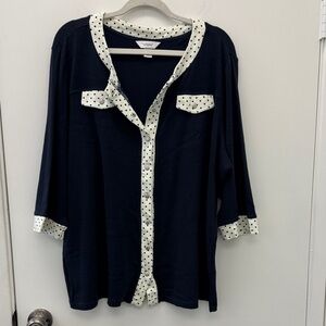 CJ Banks Navy Snap Front Shirt with White Polka Dots